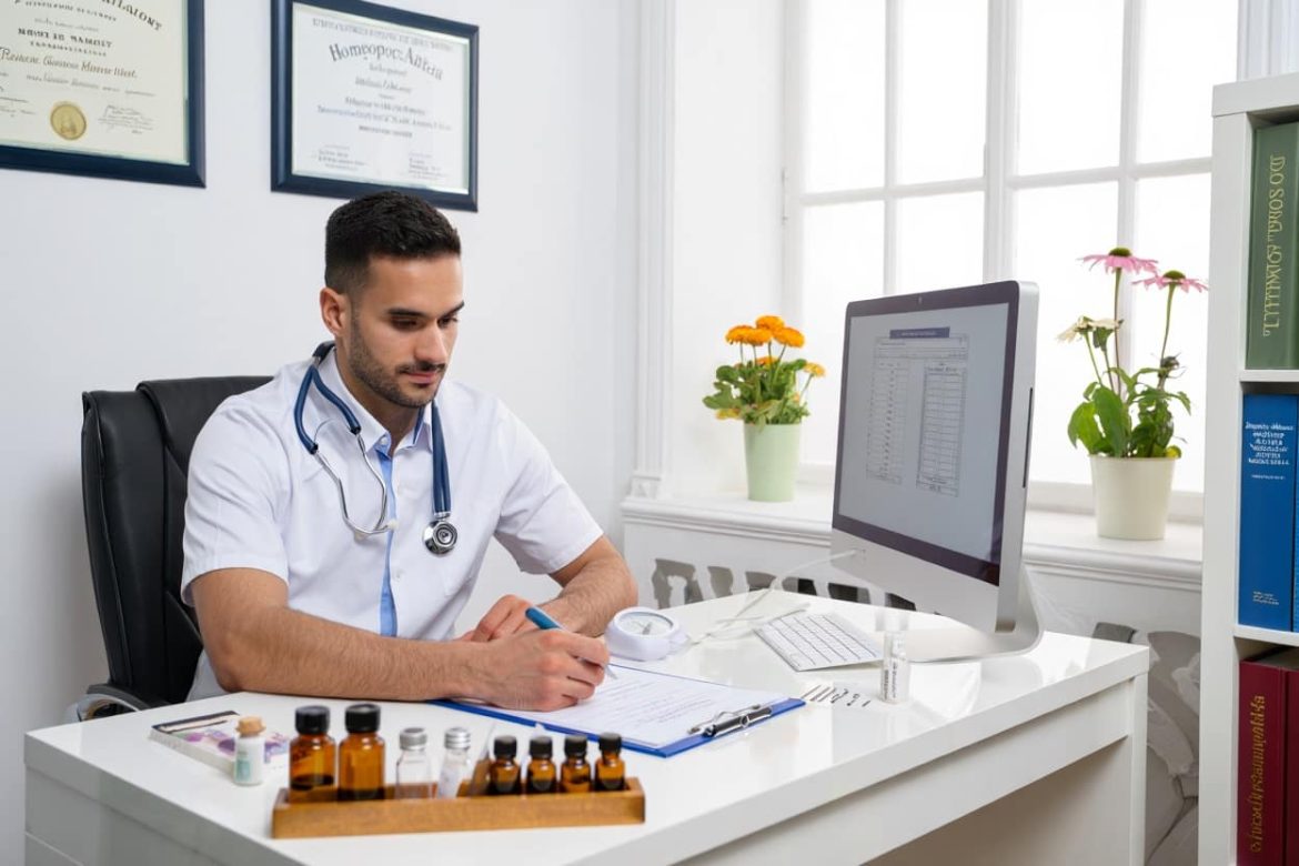 Un médecin en blouse blanche travaille dans son bureau, représentant la médecine conventionnelle